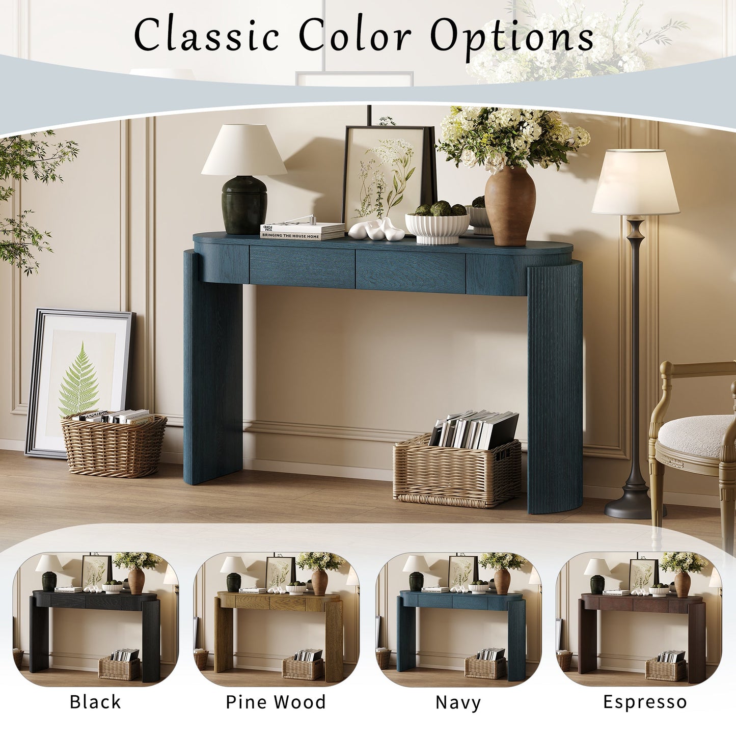 TREXM Entryway Table with Natural Wood Grain Finish, Console Table with Fluted Design, Oval Top and 2 Drawers for Entryway and Living Room (Navy)