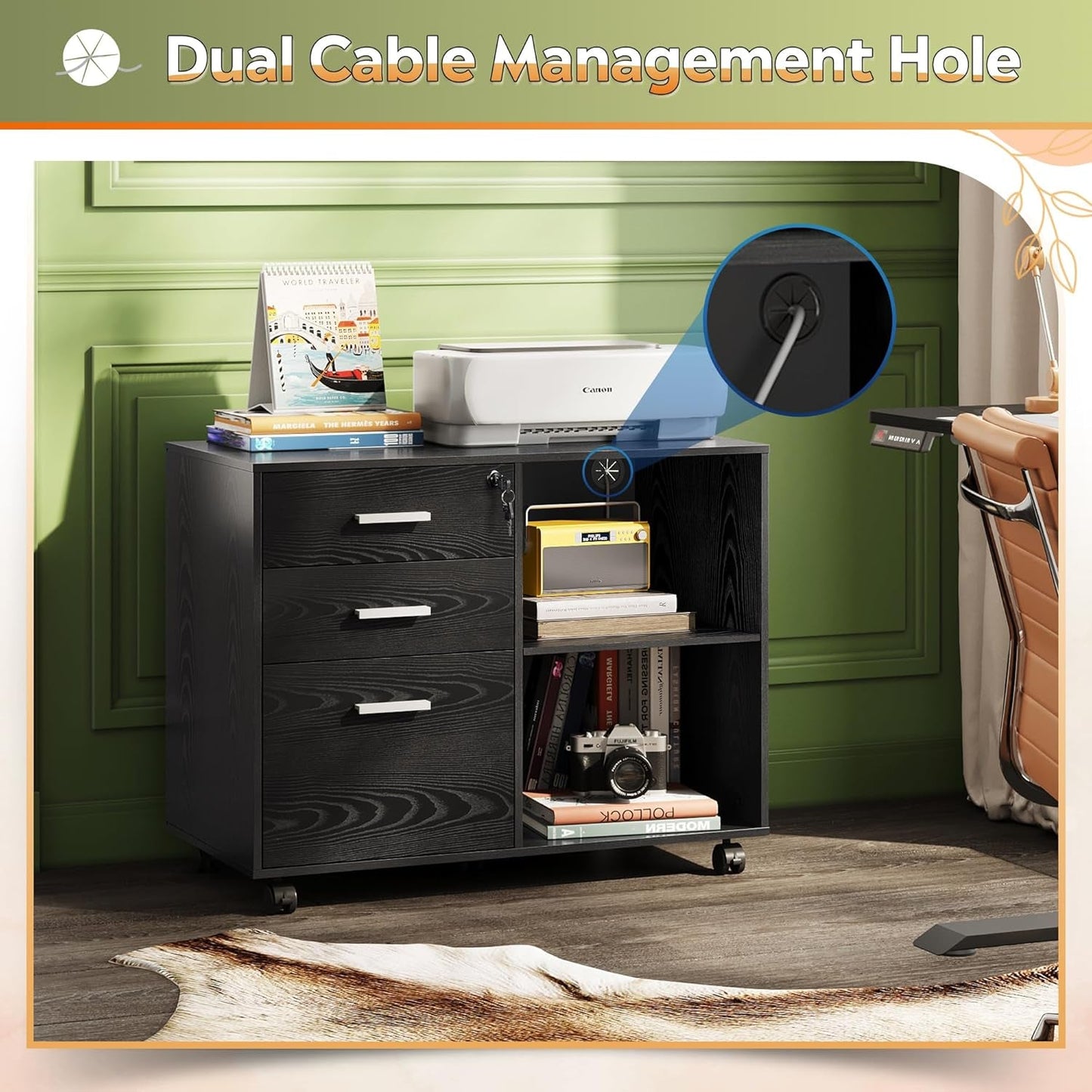 Three Drawer Wood File Cabinet With Lock Black Finish