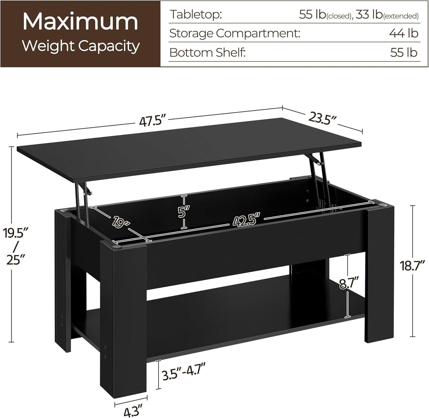 Lift Top Coffee Table With Hidden Compartment 47.5 Inch