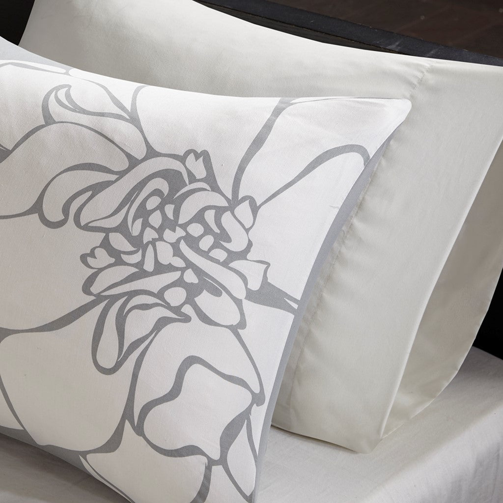 Printed Cotton Sateen Comforter Set Grey/Peach Queen