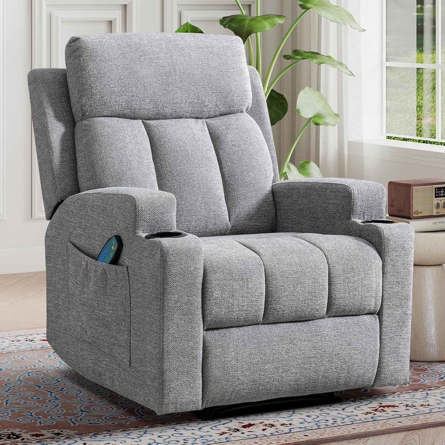 Light Grey Upholstered Manual Recliner With Massage