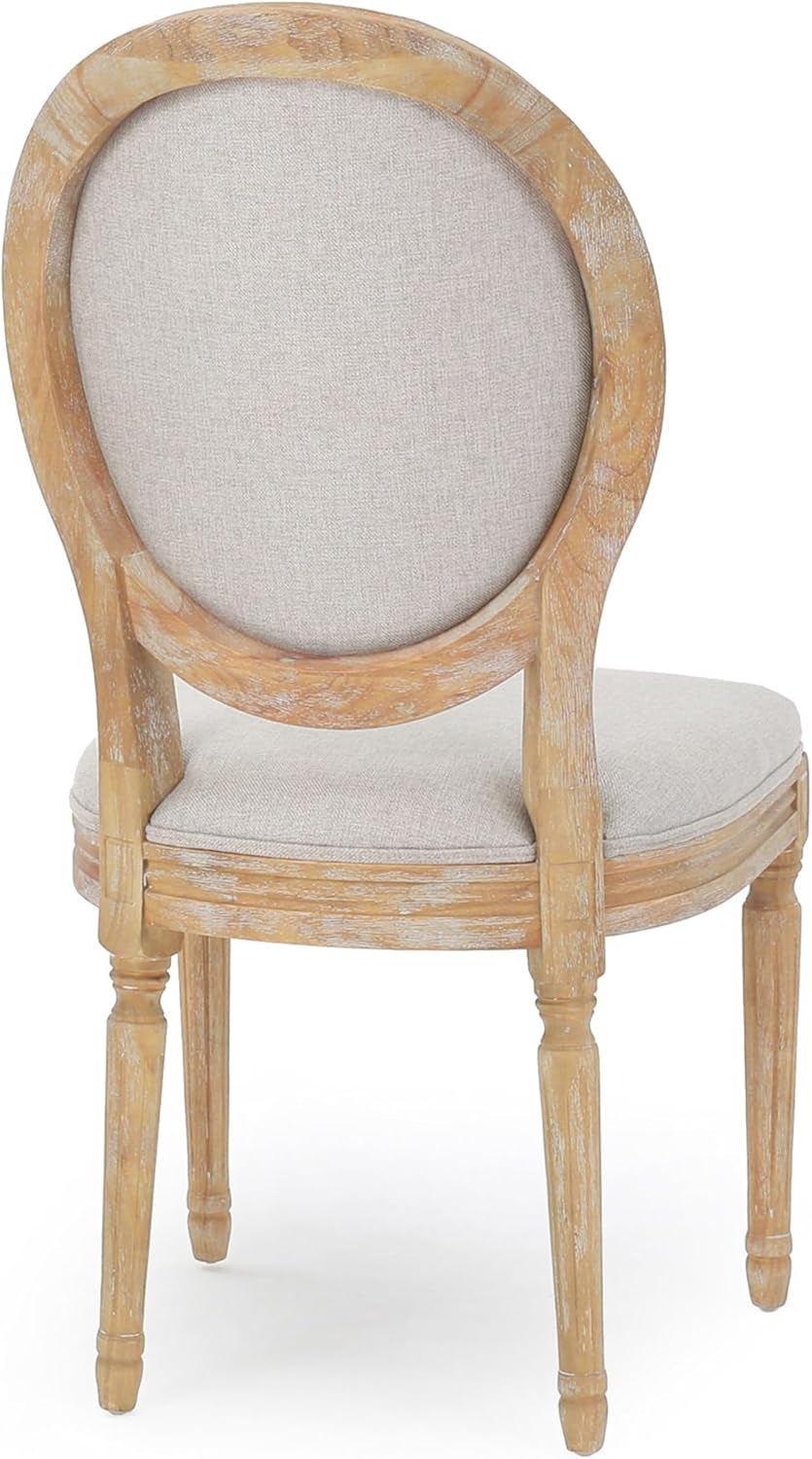 Phinnaeus Beige Polyester Fabric Dining Chairs Set Of 2 showing the back view with a classic design and rubberwood frame.