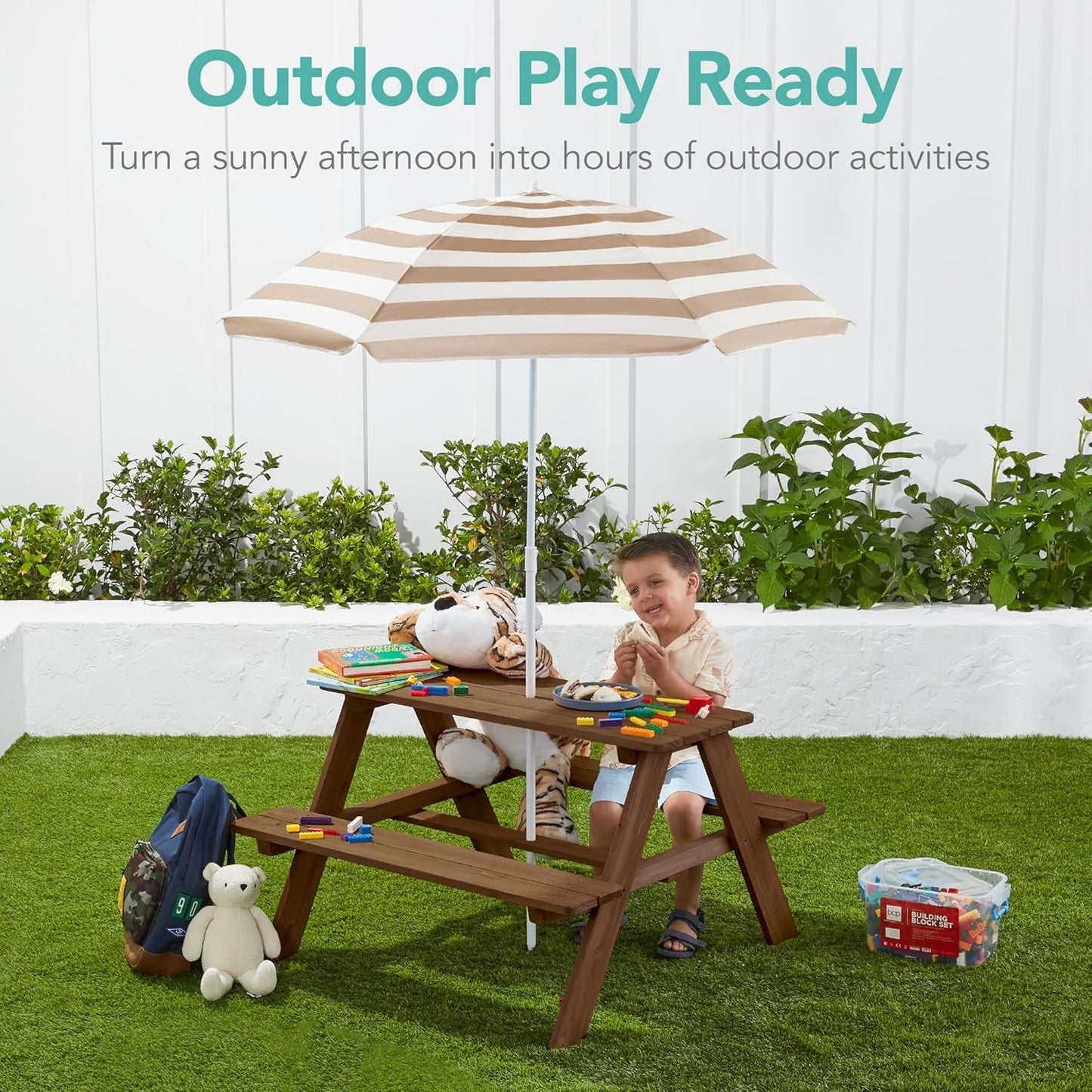 Walnut Wooden Kids Picnic Table With Adjustable Umbrella