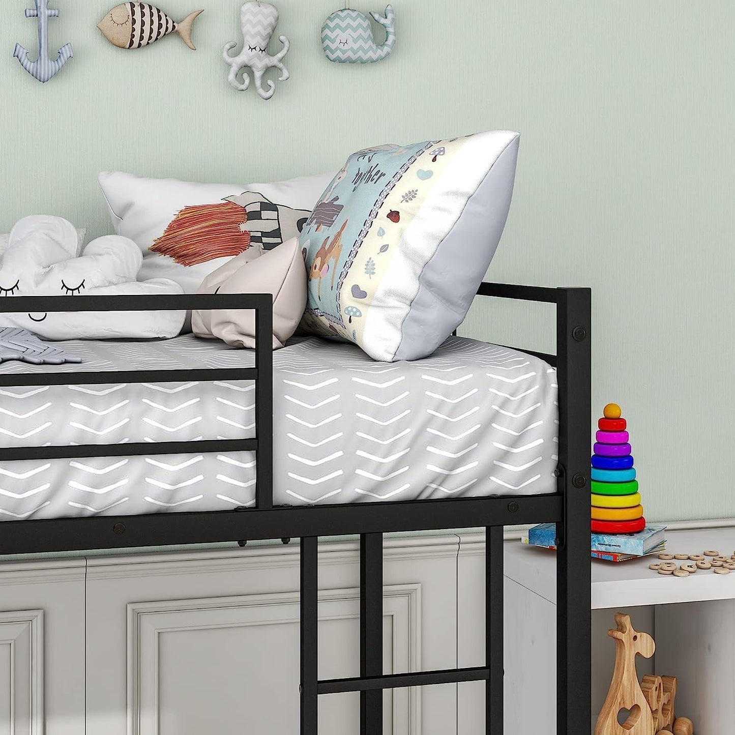 Twin Metal Low Bunk Bed With Guard Rails And Ladder