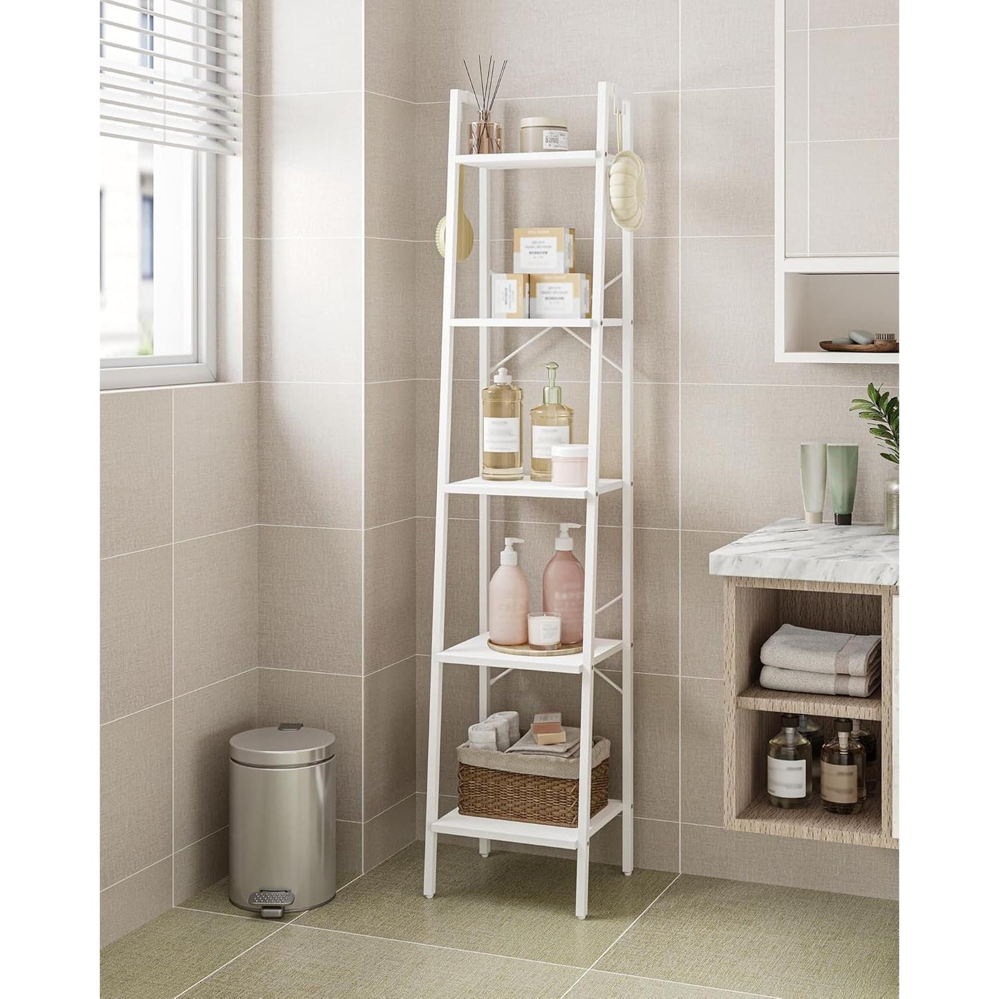 5 Tier White Ladder Shelf Bookcase With Two Hooks For Corner