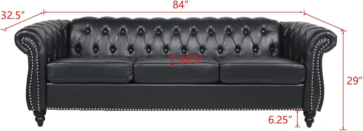 3 Seater PU Chesterfield Sofa Black Tufted Nailhead Trim