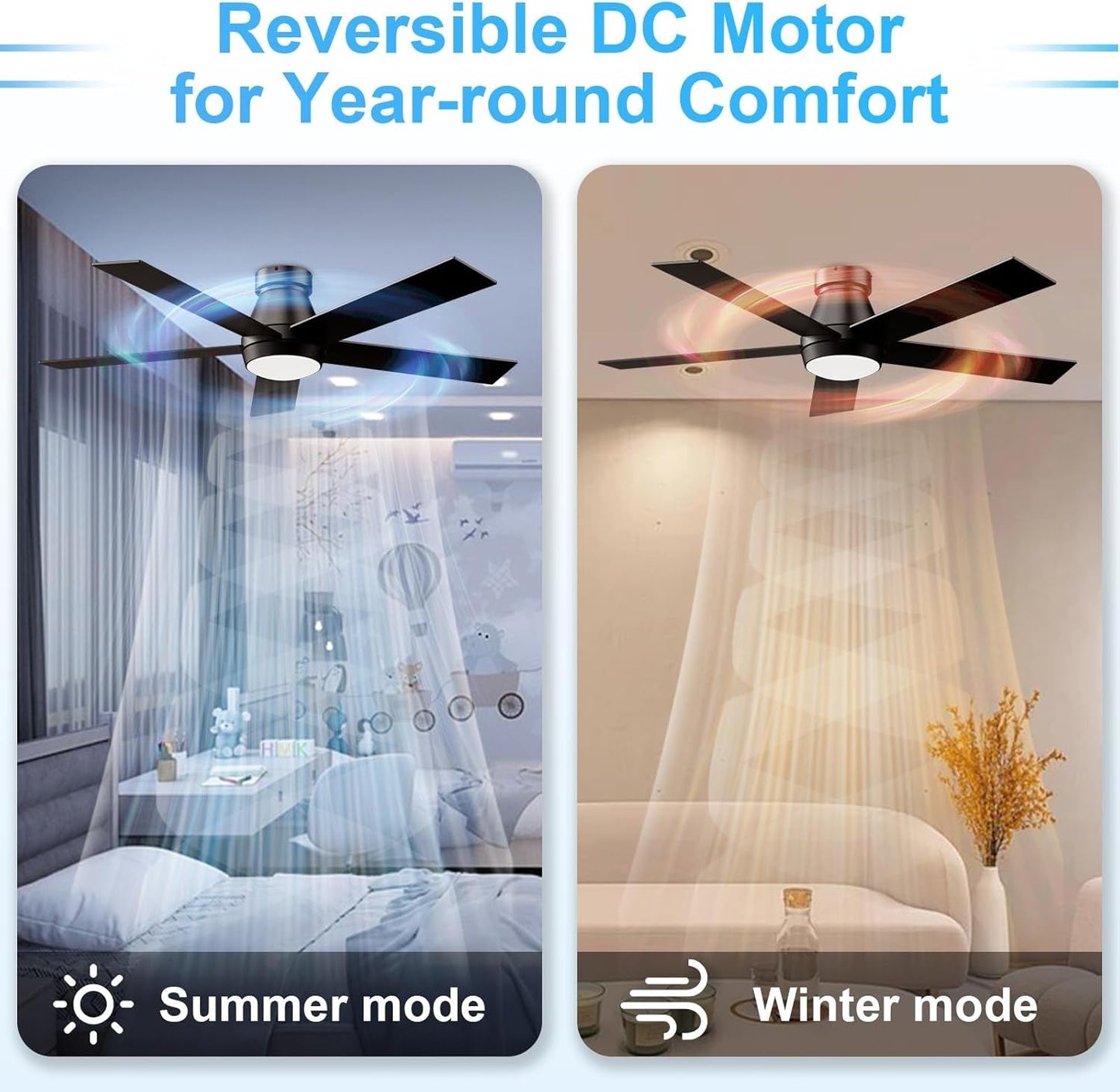52 Inch Black Flush Mount Ceiling Fan With Dimmable Lights showing summer and winter modes with reversible DC motor.