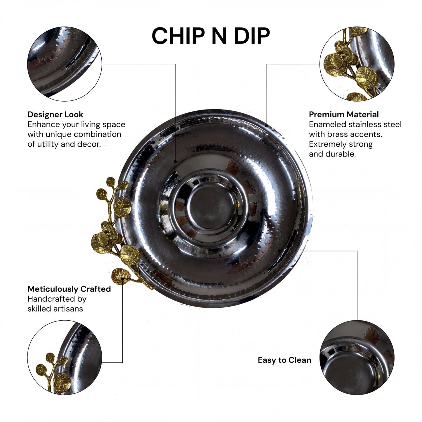 Chip And Dip Platter - Large Stainless Steel Snack Serving Tray With Orchid Accent