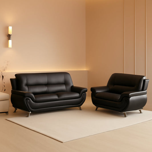 Black 5 Seat Faux Leather Sectional Sofa Set For Living Room