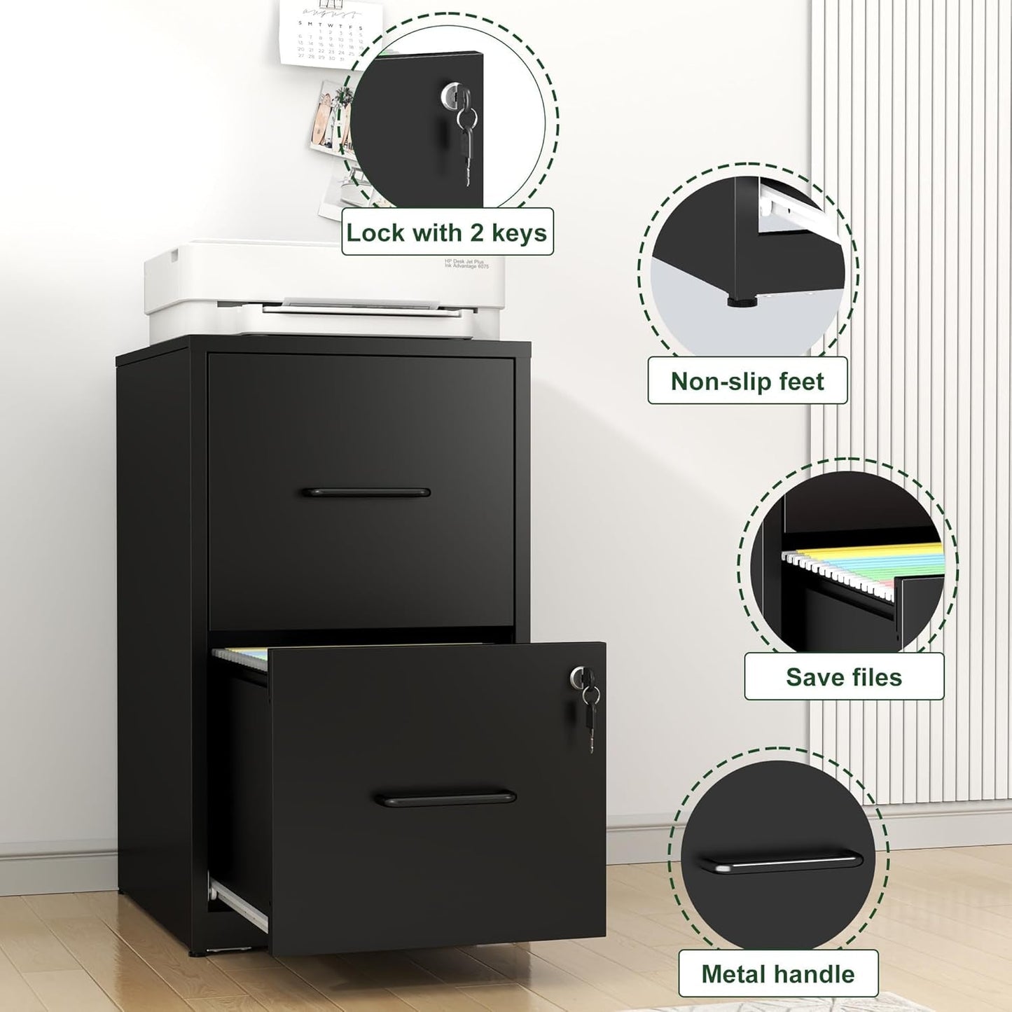Two Drawer Locking Steel File Cabinet for Home Office Vertical Letter Size Black