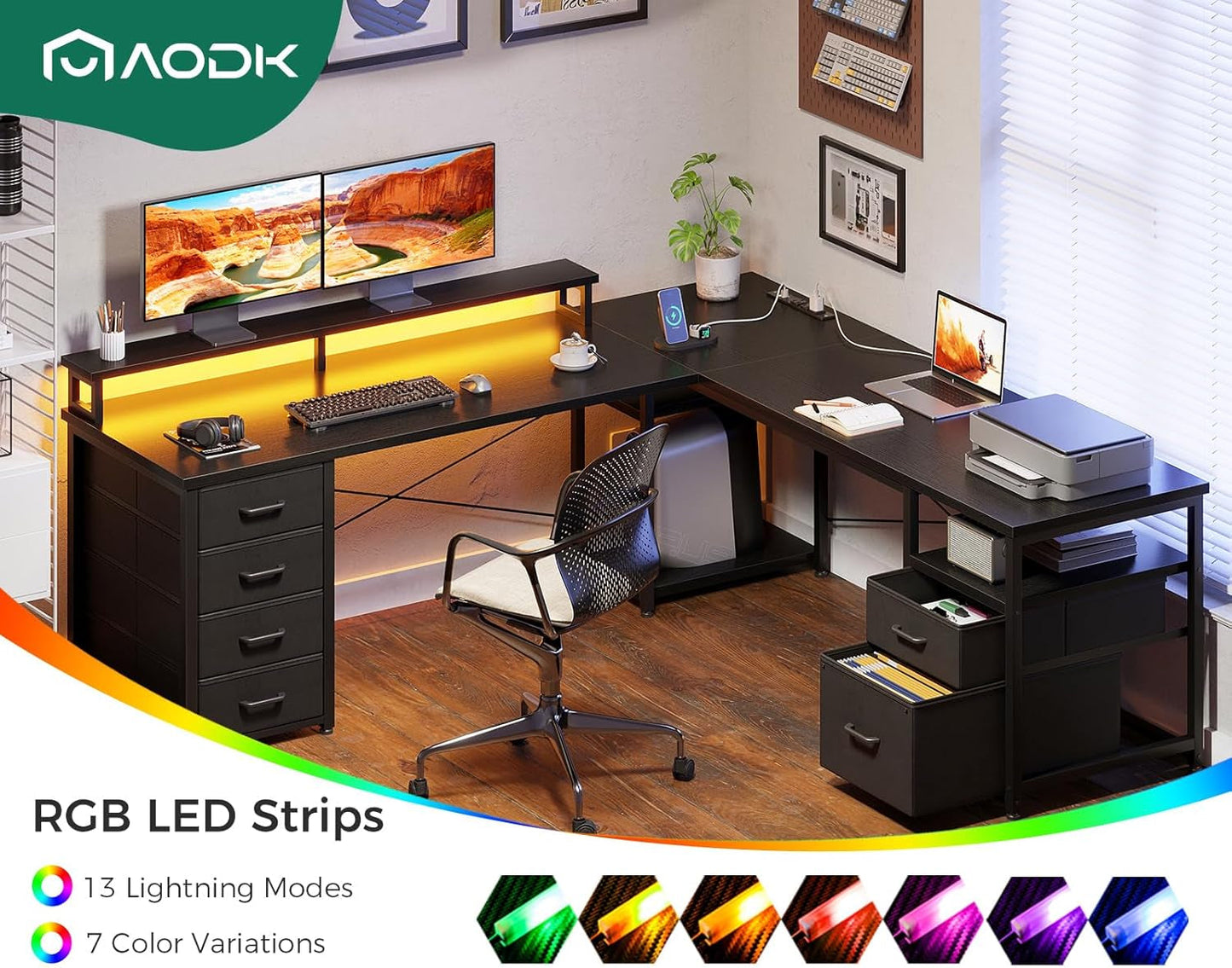 66 Inch L Shaped Computer Desk With LED Lights And Power Outlet