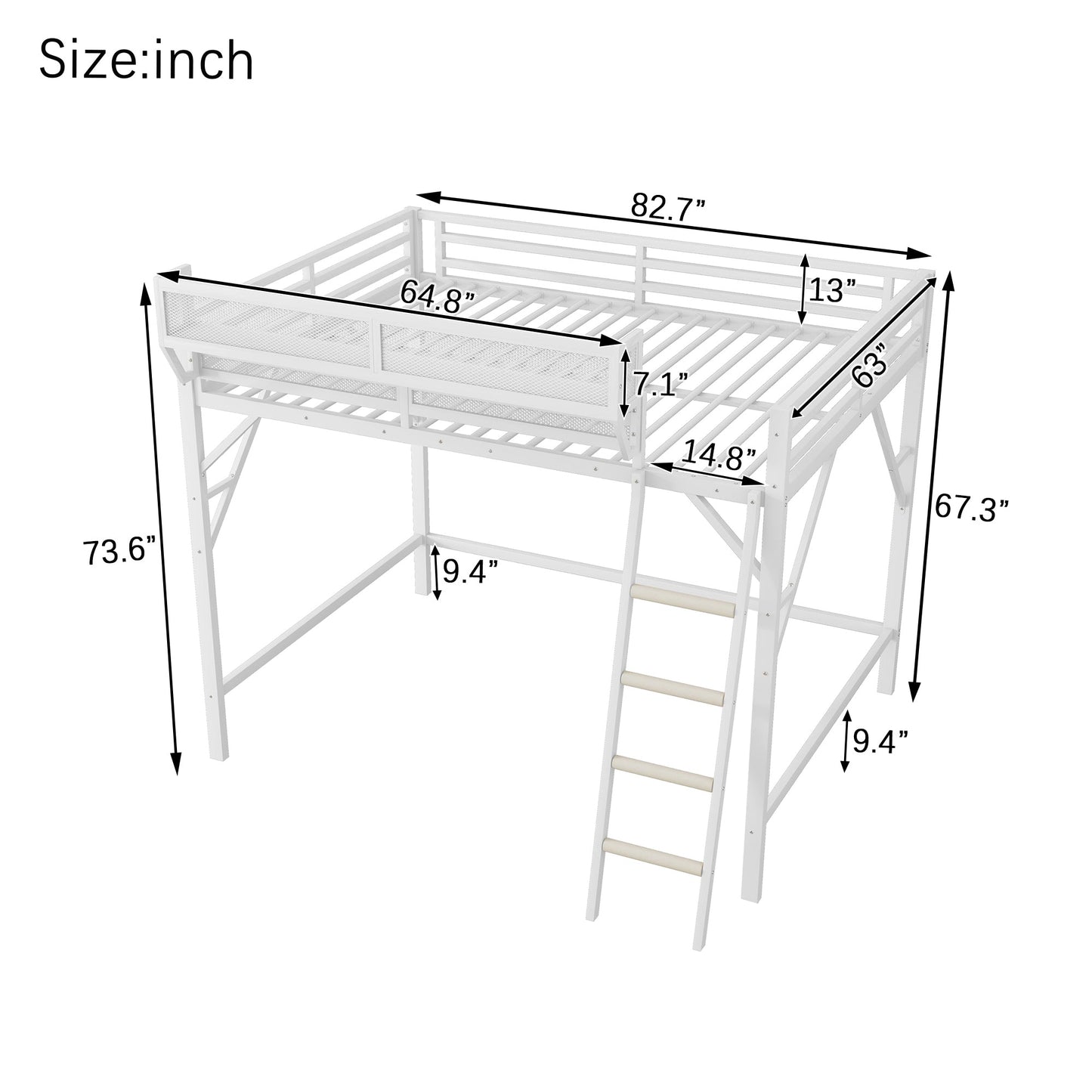 Queen Size Loft Bed with Ladder, Metal Queen Loft Bed with Storage Shelves, High Loft Bed for Kids Teens, White(Expect Arrival Date 2025/12/3  Old SKU W2580P351278)
