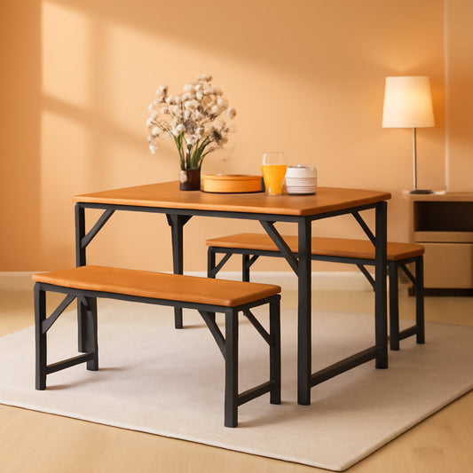 3 Piece Patio Dining Set For Six With 53 Inch Acacia Wood Table And Space Saving Benches