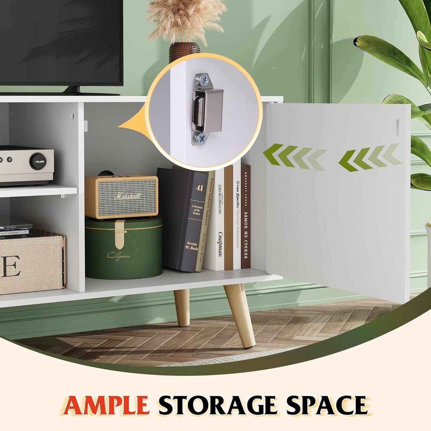 55-Inch TV Stand White Mid-Century Modern Storage Shelves