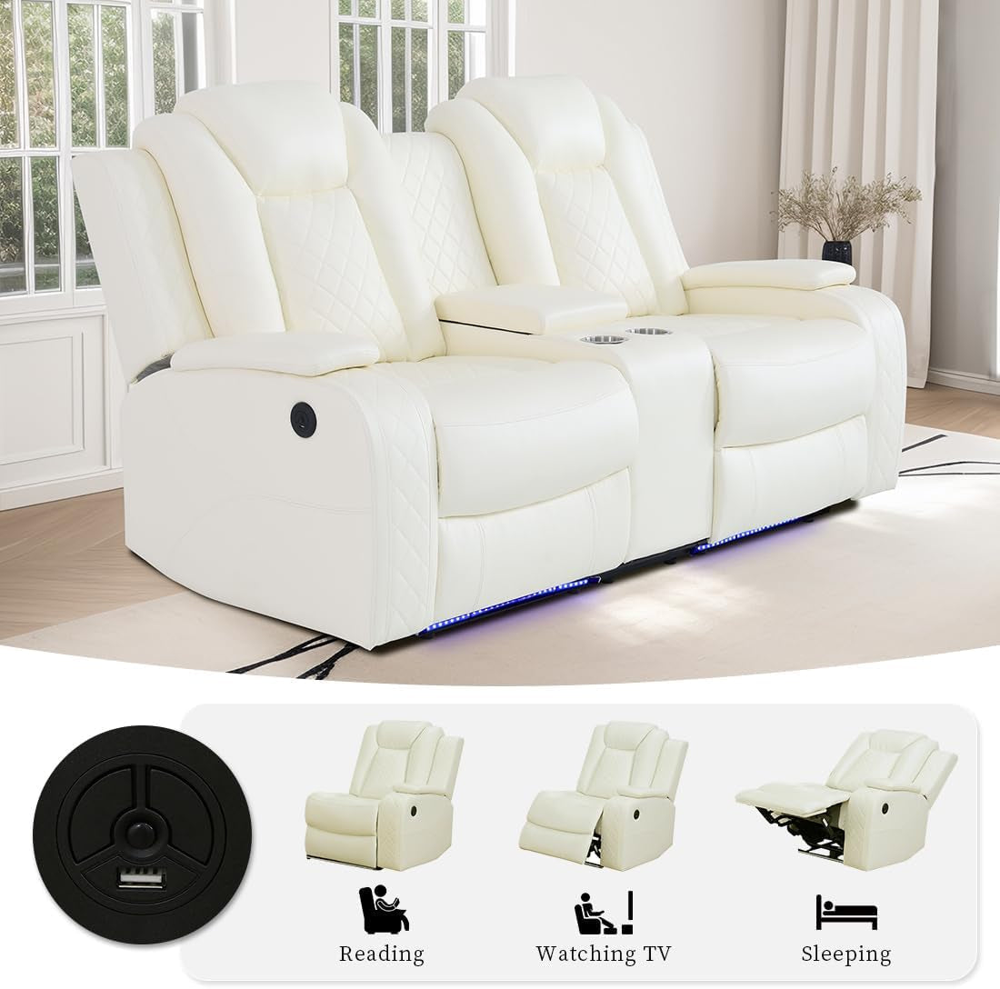 Living Room Set Leather Sofa Power Recliner Creamy White