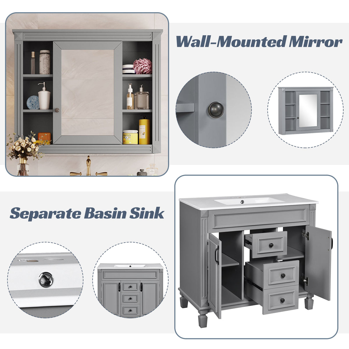 36" Bathroom Vanity with Top Sink, Mirror Cabinet
