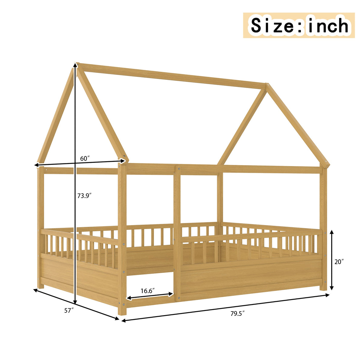 Full Size Floor Wooden Bed with House Roof Frame