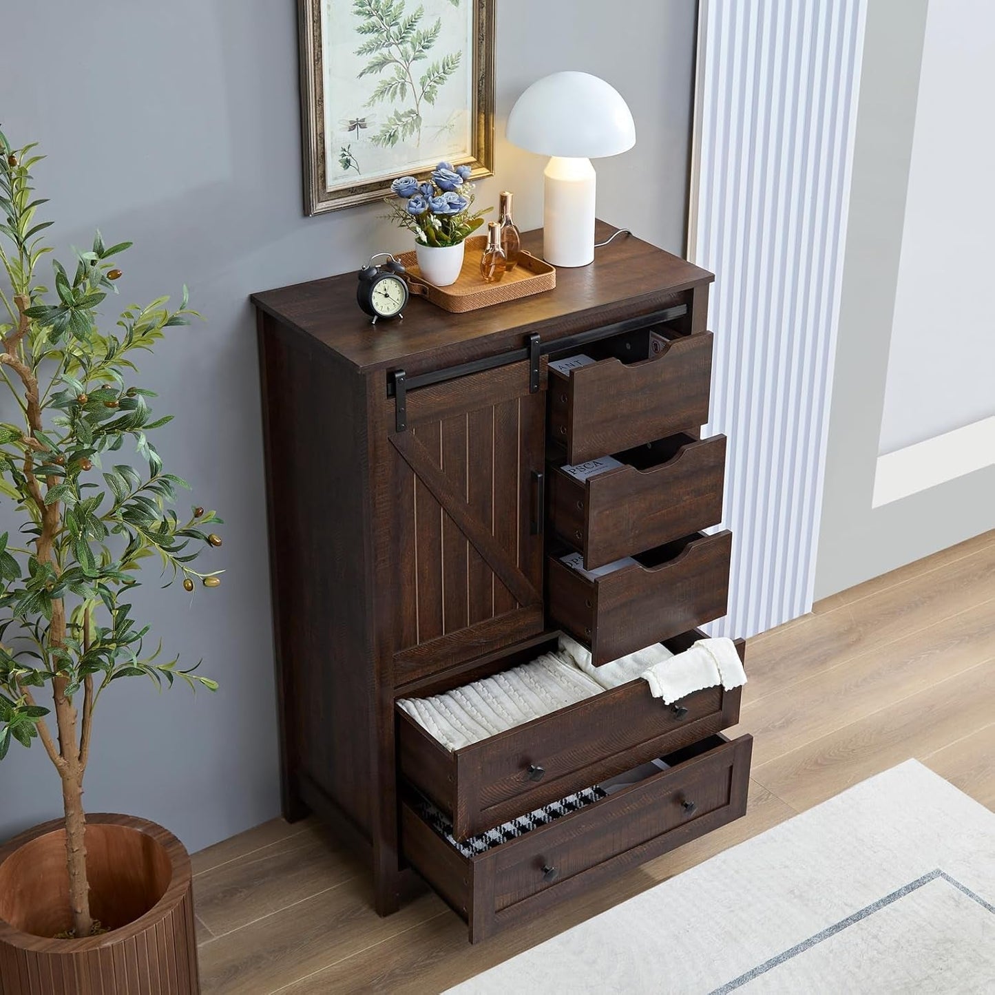 Espresso Dresser With FiveDrawers Sliding Barn Doors