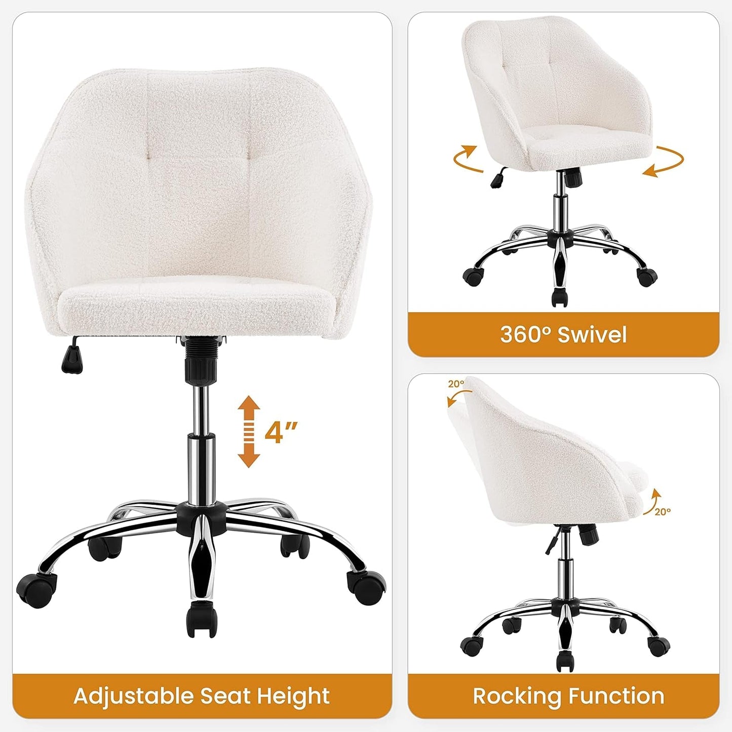Ivory Upholstered Desk Chair With Adjustable Tilt Angle