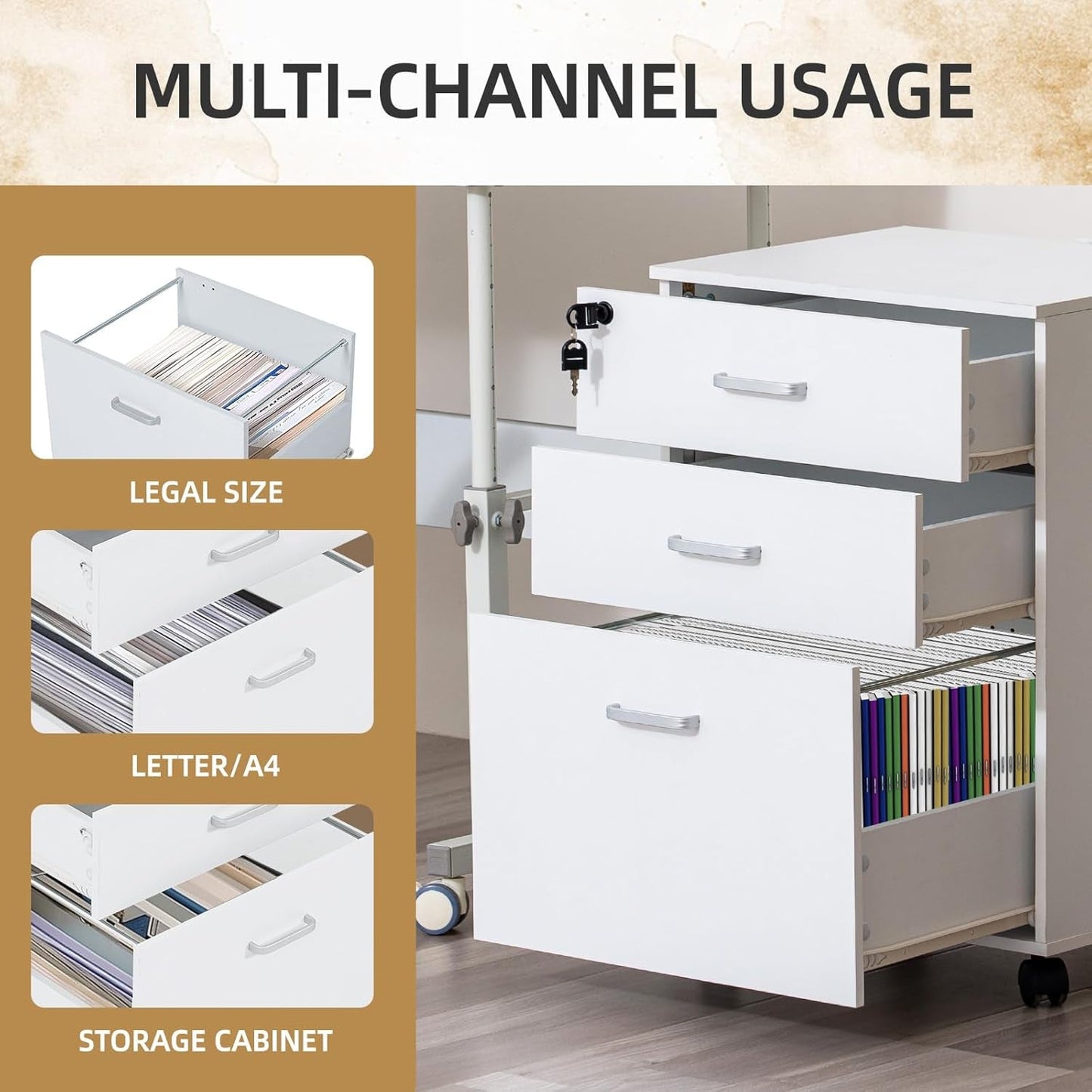 3 Drawer Mobile File Cabinet With Lock White Rolling Vertical Filing Cabinet For A4 Legal Letter Paper