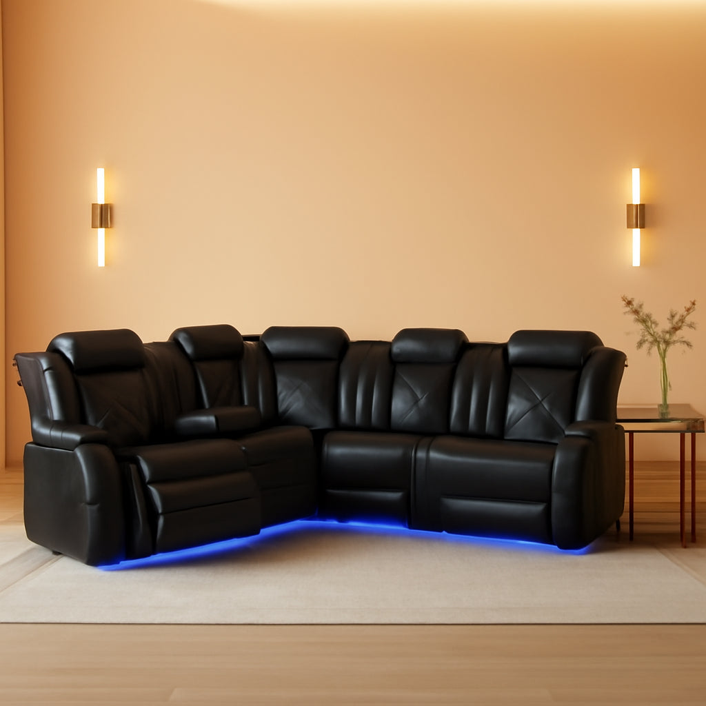 Black Leather Power Recliner Living Room Set With Cup Holders