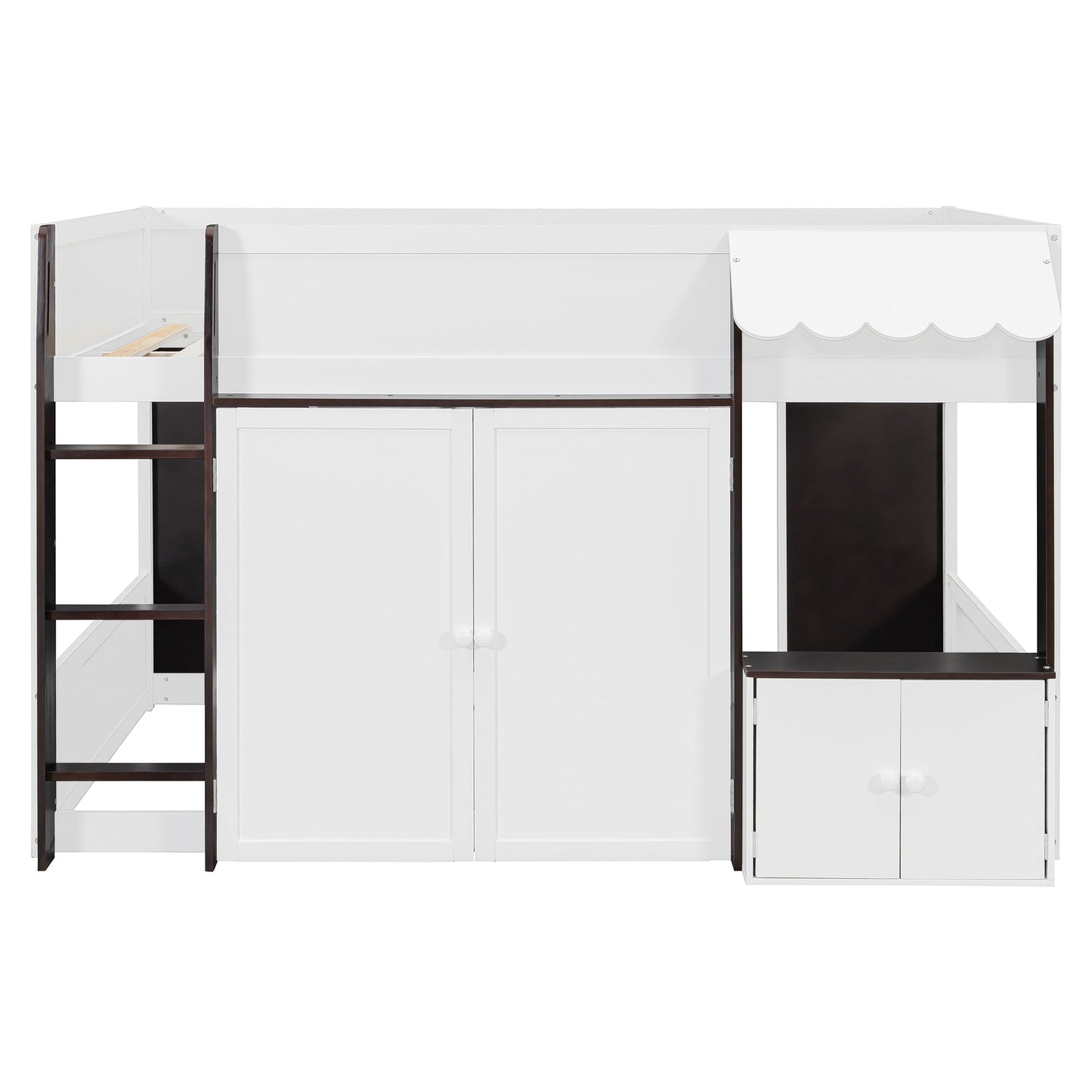 Full Loft House Bed with Playhouse & Storage, Modern Wood Cabin Bed for Kids/Teens, White+Espresso