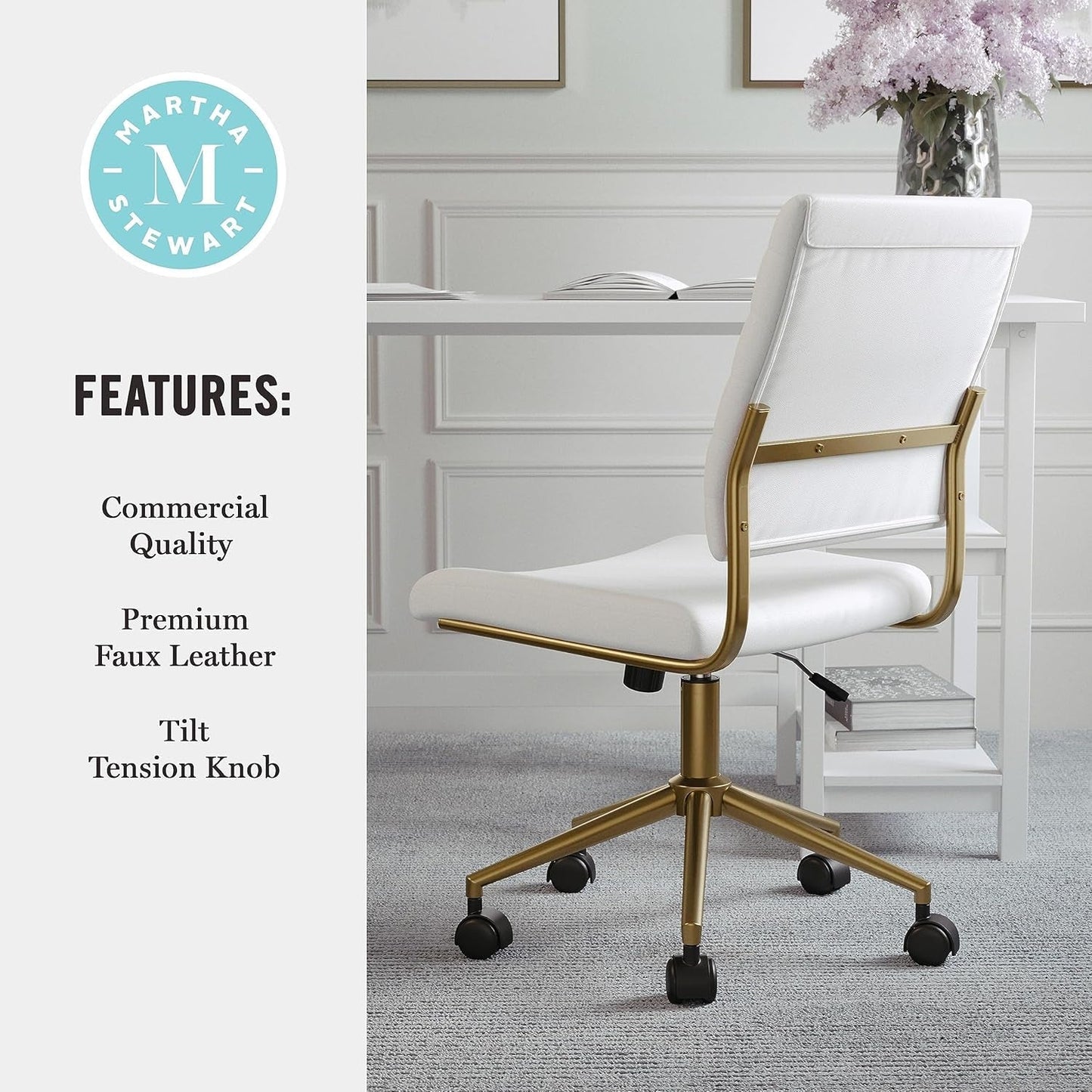 White Faux Leather Armless Swivel Chair Brass Frame