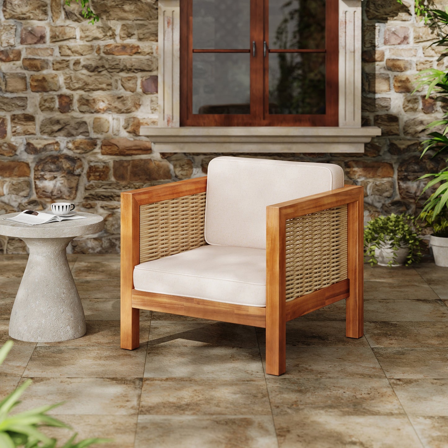 Acacia Wood Outdoor Club Chair with Wicker Armrest