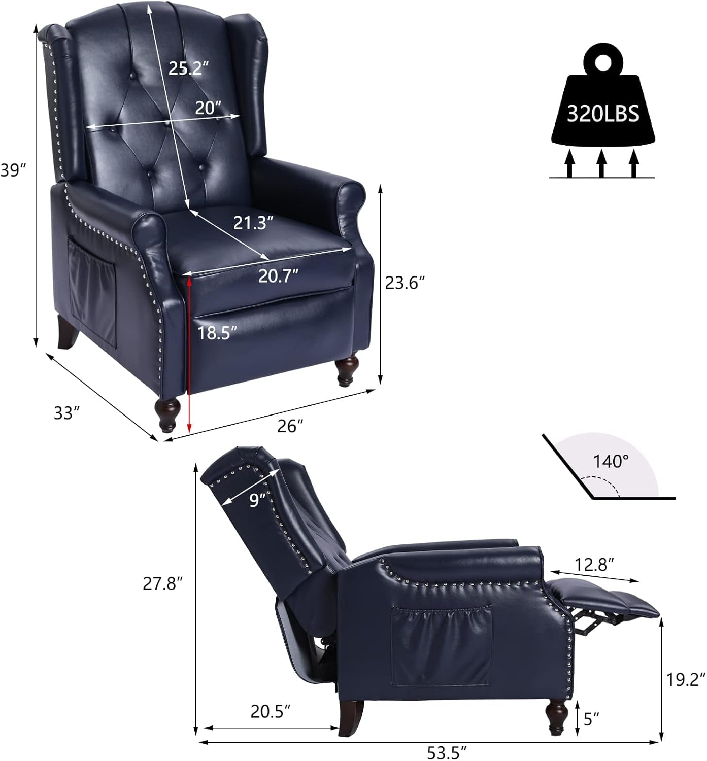 Wingback Recliner Chair Massage And Heat Tufted PU Leather