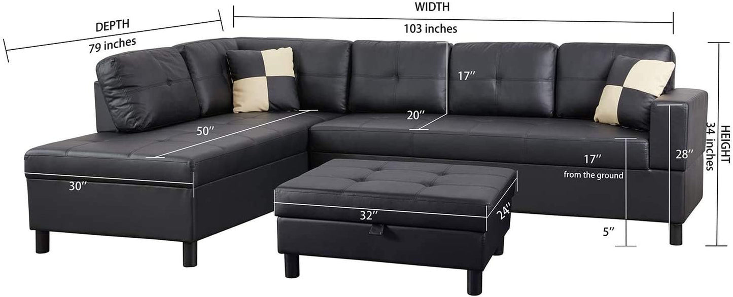 Faux Leather Sectional Sofa With Chaise Black For Living