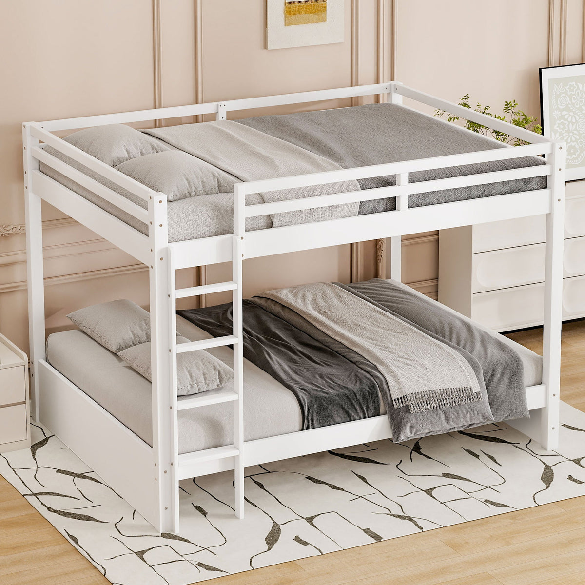Wood Queen Size Bunk Bed with Ladder