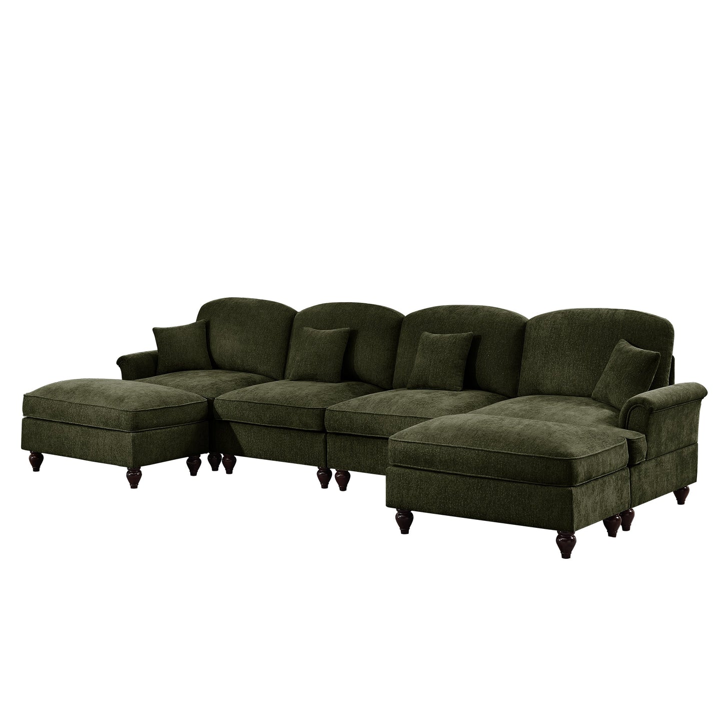 Classic U Shape 4 Seater Modular Sectional Sofa Couch with Flared Arms and Removable Ruffles Pleats Skirts and Spindle Legs, Chenille Deep Seat Cloud Sofa with Movable Ottomans, Green
