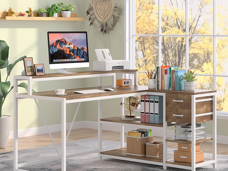 55-Inch L-Shaped Home Office Desk with Monitor Riser