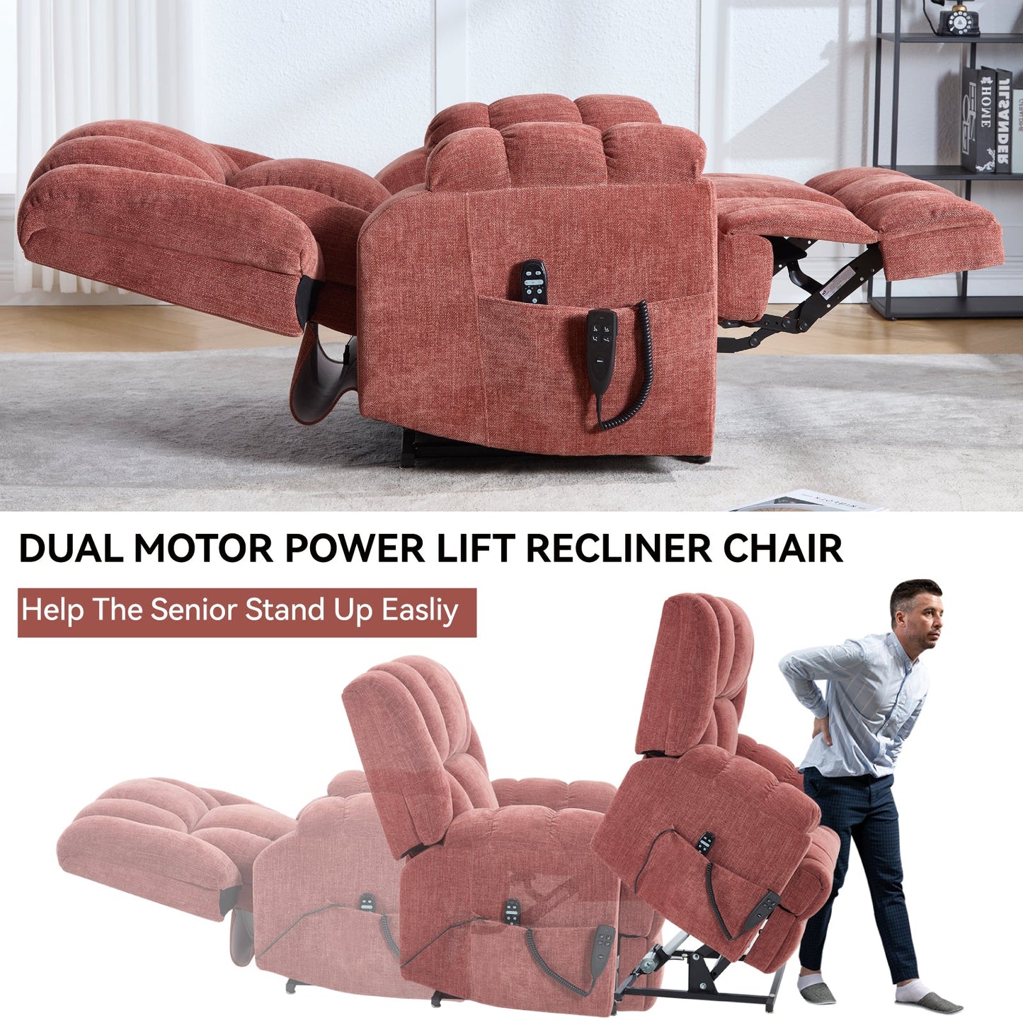 Dual Motor Heat Massage Infinite Position Up to 350 LBS Electric Power Lift Recliners with Power-Remote, Medium-firm and Heavy Duty, Red