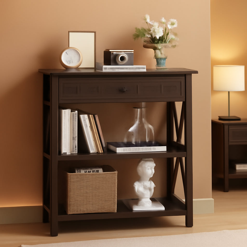 Rustic Bookshelf With Drawer Walnut Brown Industrial Wood And Metal