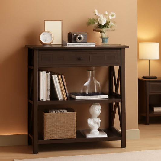 Rustic Bookshelf With Drawer Walnut Brown Industrial Wood And Metal