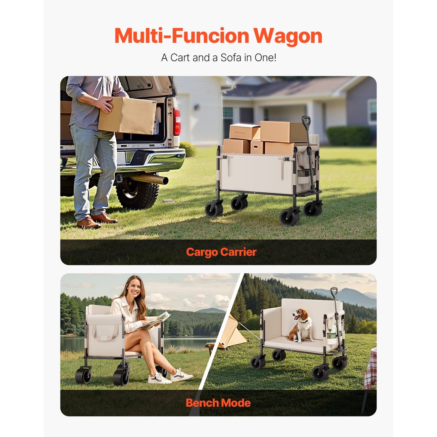 Foldable Wagon Cart Converts to Bench - 550lb Load & 220L Utility Wagon for Camp