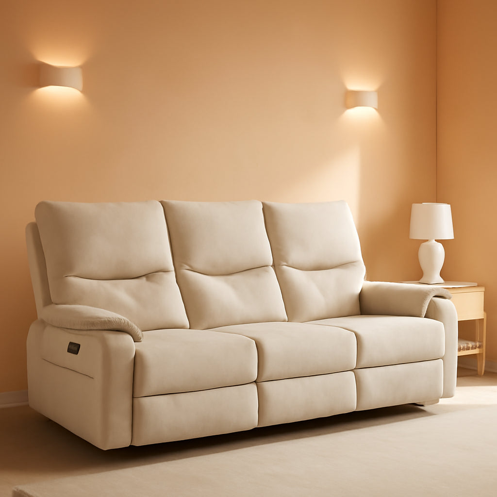 Beige Power Reclining Sofa For Living Room Comfort