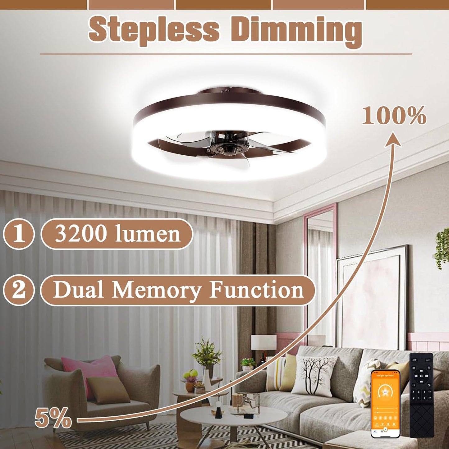 Brown Flush Mount Bladeless Fan Light With Dimmable LED showcasing stepless dimming features and modern design in a living room.