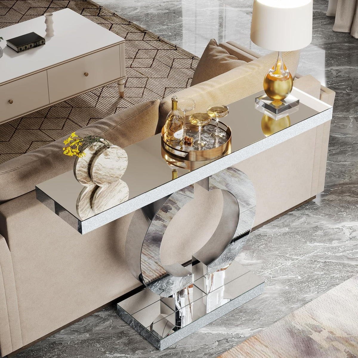 43" Modern Mirrored Console Table with O-Shaped Base