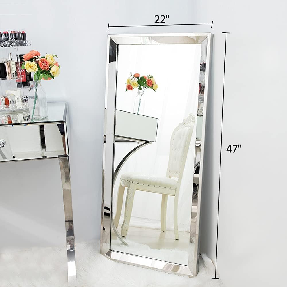 22 Inch By 47 Inch Large Wall Mirror With Angled Beveled Edge And Stainless Steel Frame