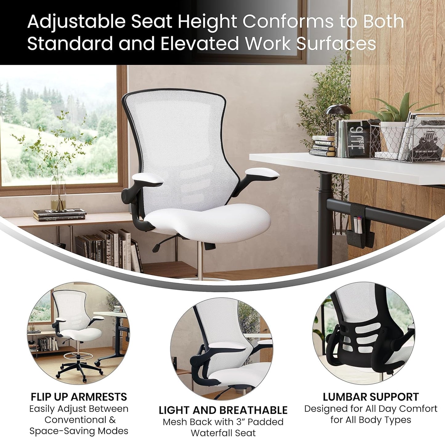 White Mesh Ergonomic Drafting Chair With Flip Up Arms