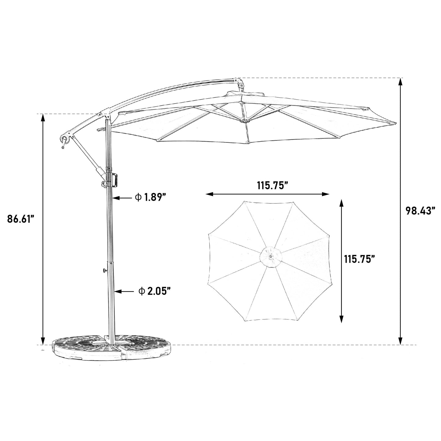 10ft Solar LED Offset Hanging Market Patio Umbrella in Dark Blue