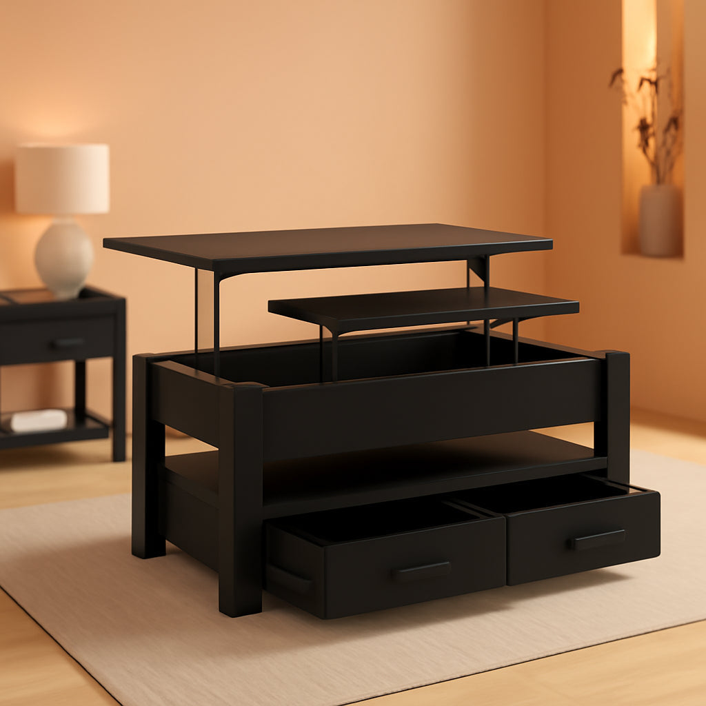 Lift Top Coffee Table With Drawers And Hidden Compartment Black