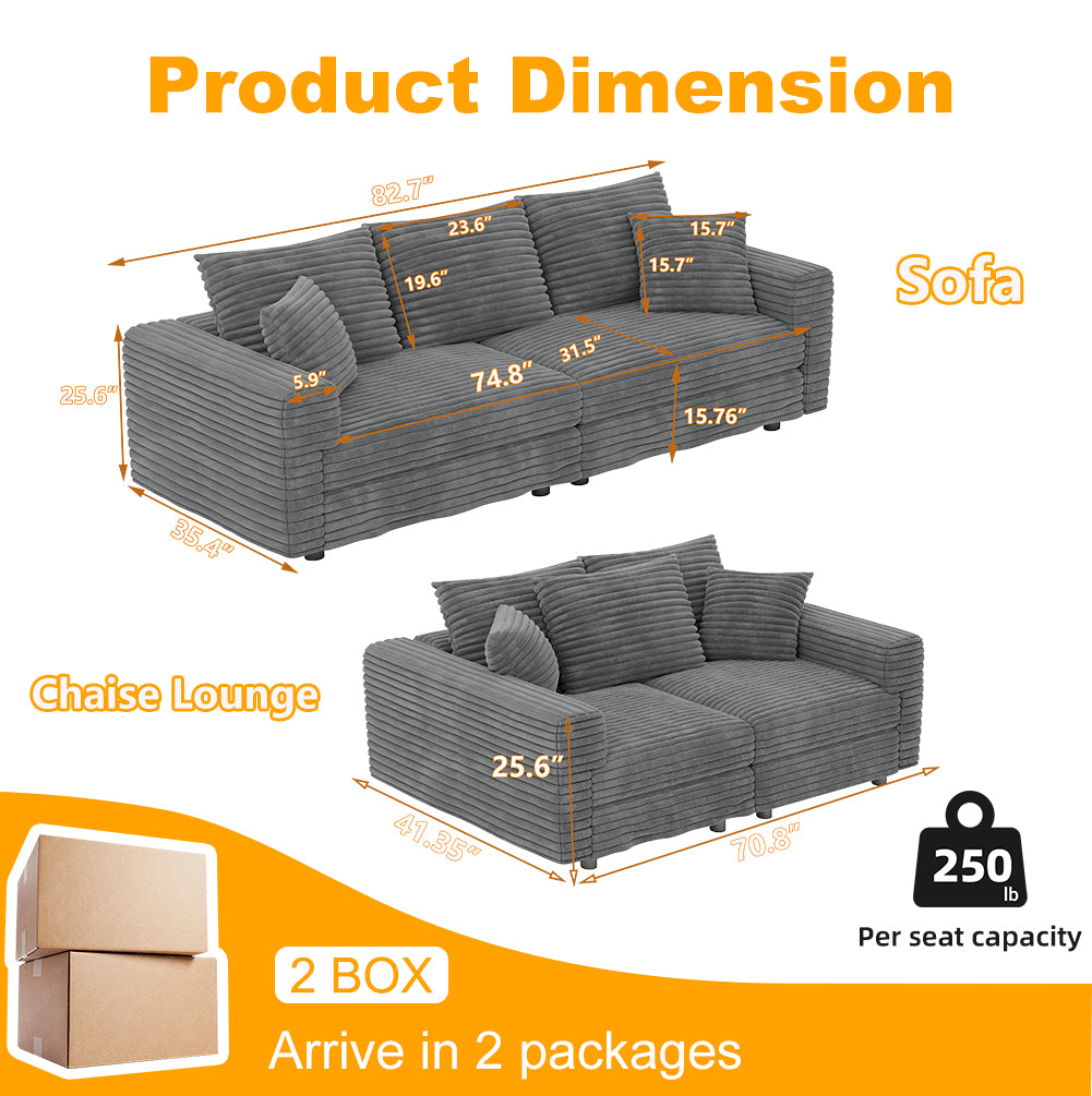 82.7" Plush Corduroy 3-Seat Sofa