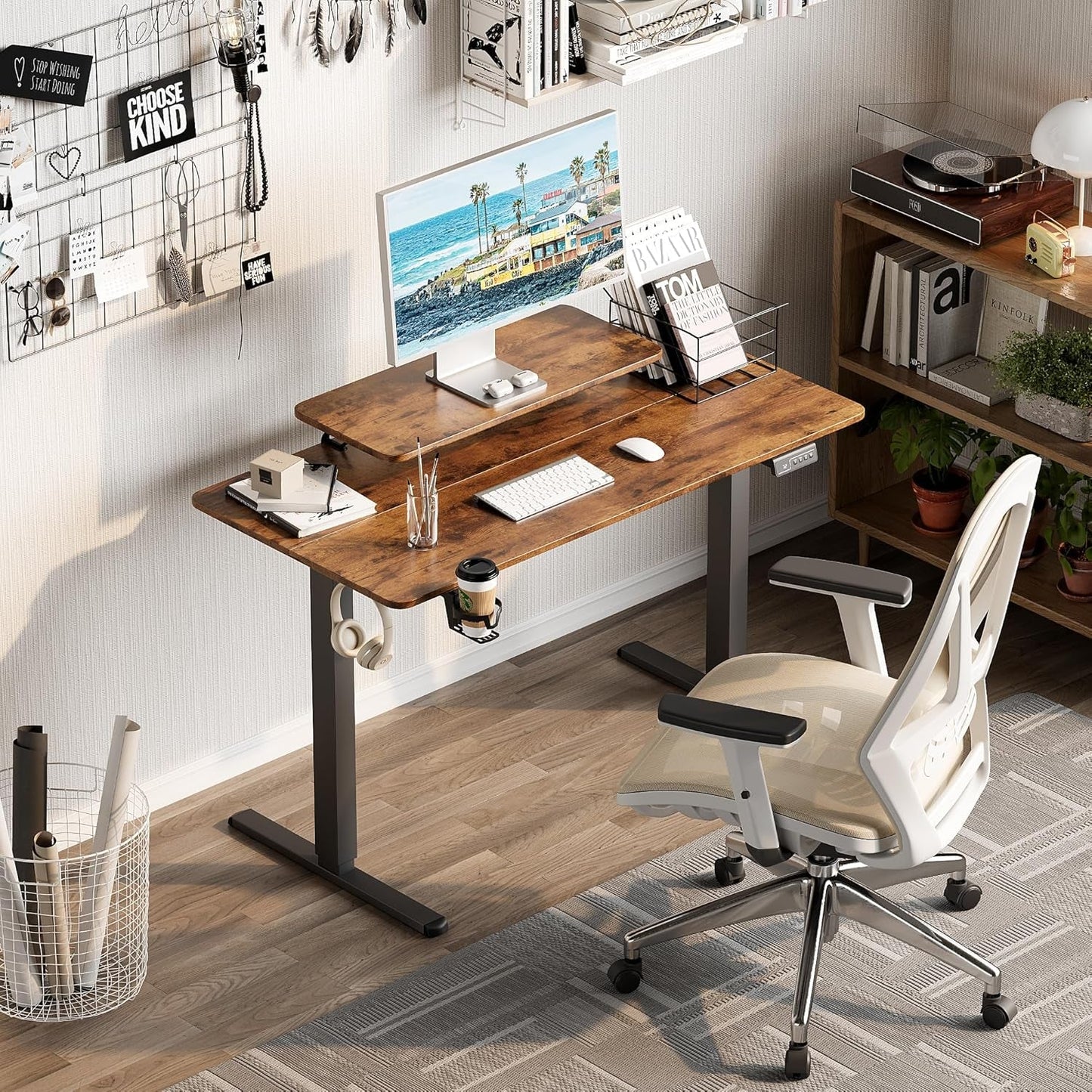 Electric Standing Desk With Monitor Stand 47x24 Brown