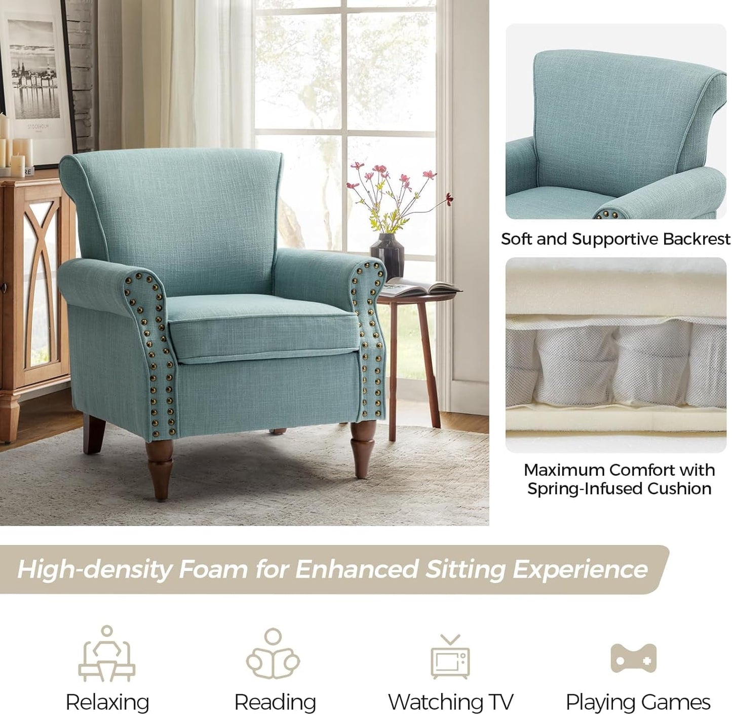 Blue Wingback Accent Chair With Removable Cushions