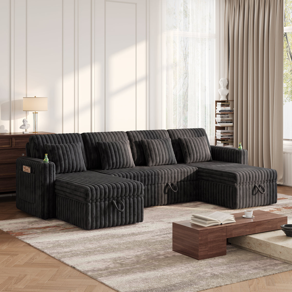 U Shaped Plush Corduroy Sectional Sleeper Sofa