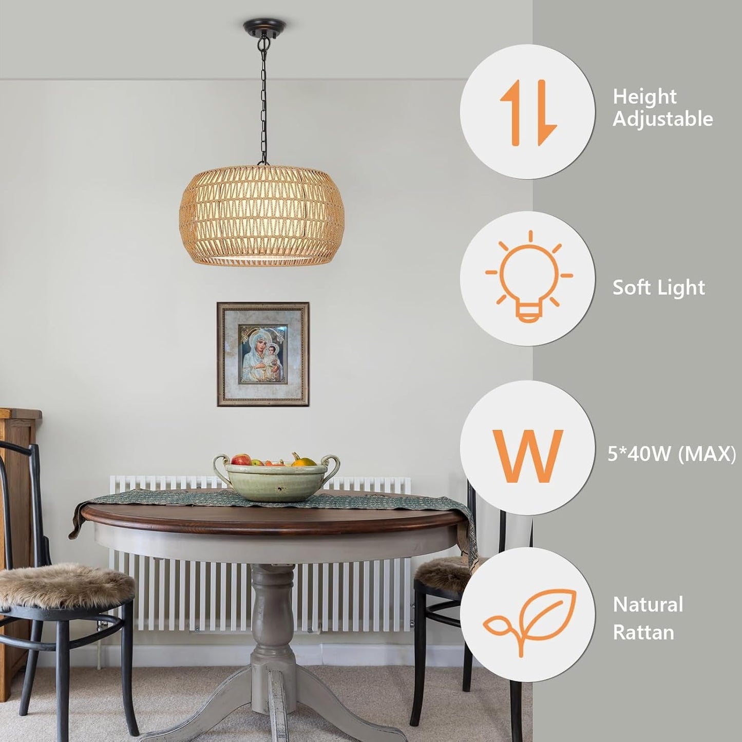 Rattan Farmhouse 5 Light Chandelier With Fabric Shade above a dining table with natural decor and adjustable height features.