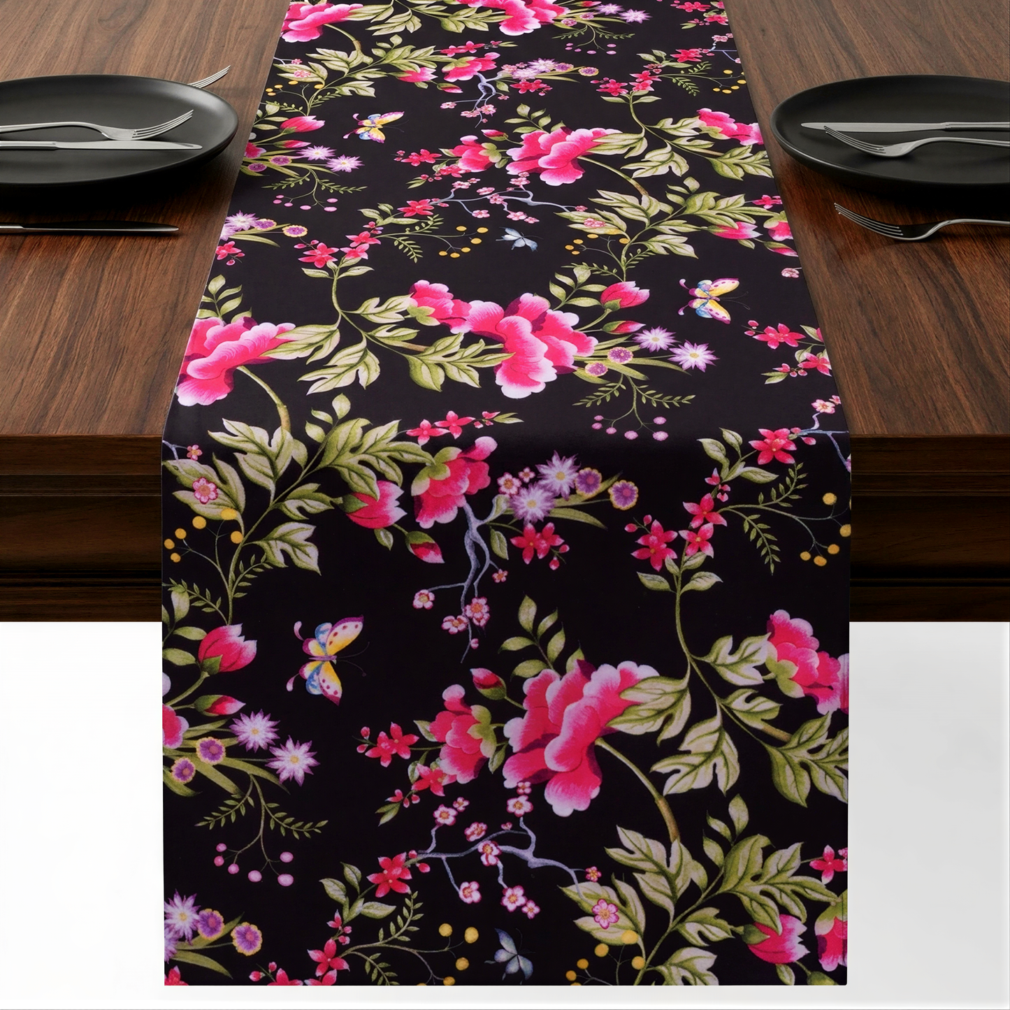 Printed Table Runner - Saku Black Floral Decorative Indoor Outdoor Runner